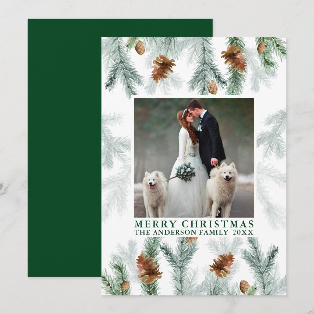 Cartes Pour Fêtes Annuelles Aquarelle Pine Cône Vert Photo Noël (Devant / Derrière)