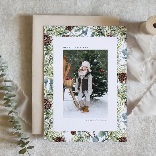 Cartes Pour Fêtes Annuelles Aquarelle Pine et cônes de pin Noël (Créateur téléchargé)