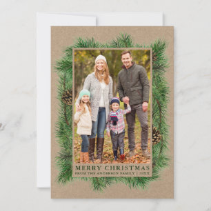 Cartes Pour Fêtes Annuelles Aquarelle Pine Famille Photo Kraft Green