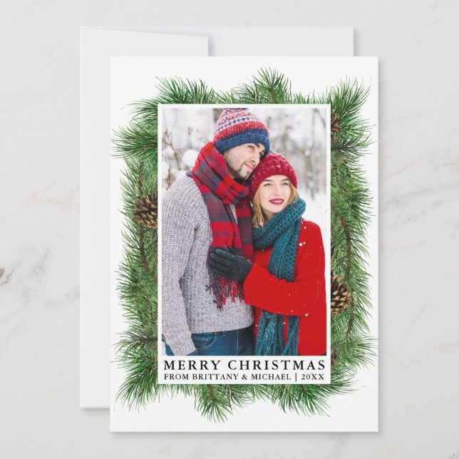 Cartes Pour Fêtes Annuelles Aquarelle Pine Frame Couple Photo (Devant)