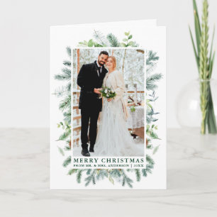 Cartes Pour Fêtes Annuelles Aquarelle Pine Frame Mariage photo vert Plier