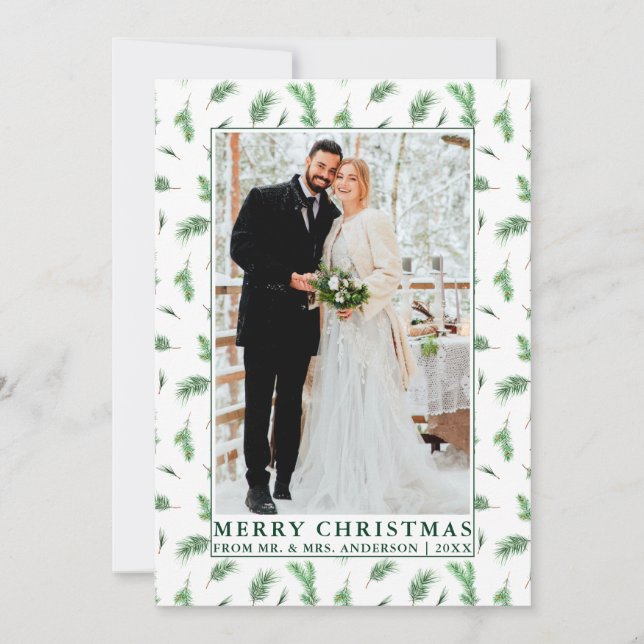 Cartes Pour Fêtes Annuelles Aquarelle Pine vert Noël nouvellement marié (Devant)