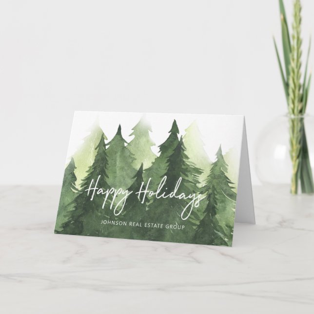 Cartes Pour Fêtes Annuelles Aquarelle Pine verte arbres Business Happy (Devant)