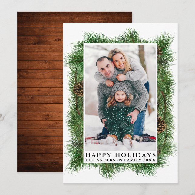 Cartes Pour Fêtes Annuelles Aquarelle Pines Bois Joyeux Vacances Photo (Devant / Derrière)