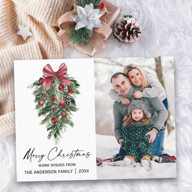 Cartes Pour Fêtes Annuelles Aquarelle Pines Calligraphie Encre Photo Noël (Customize to change your personalized text size or text style.)