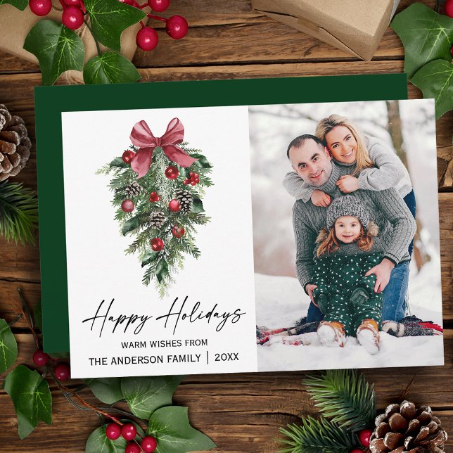 Cartes Pour Fêtes Annuelles Aquarelle Pines Calligraphie Encre Photo Vert (Customize to change your personalized text size, style or change color of back of card.)
