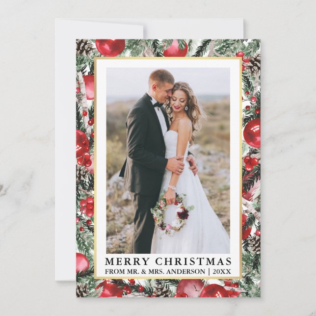 Cartes Pour Fêtes Annuelles Aquarelle Pines Ornements de Noël Nouveau marié (Devant)