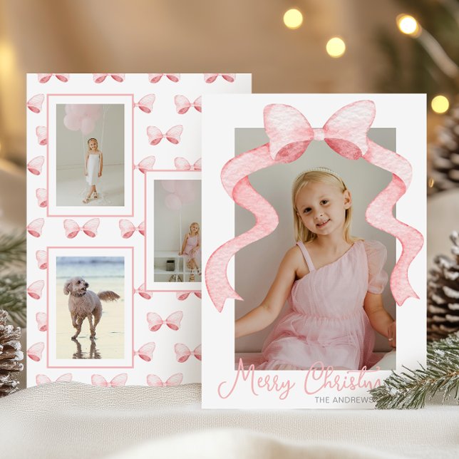 Cartes Pour Fêtes Annuelles Aquarelle Pink Bow Ribbon Sash Noël Photo (Créateur téléchargé)