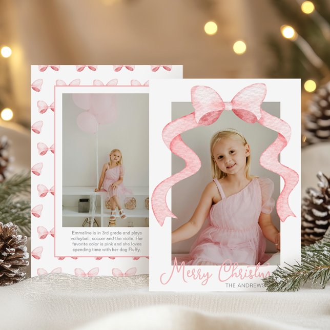 Cartes Pour Fêtes Annuelles Aquarelle Pink Bow Ribbon Sash Noël Photo (Créateur téléchargé)