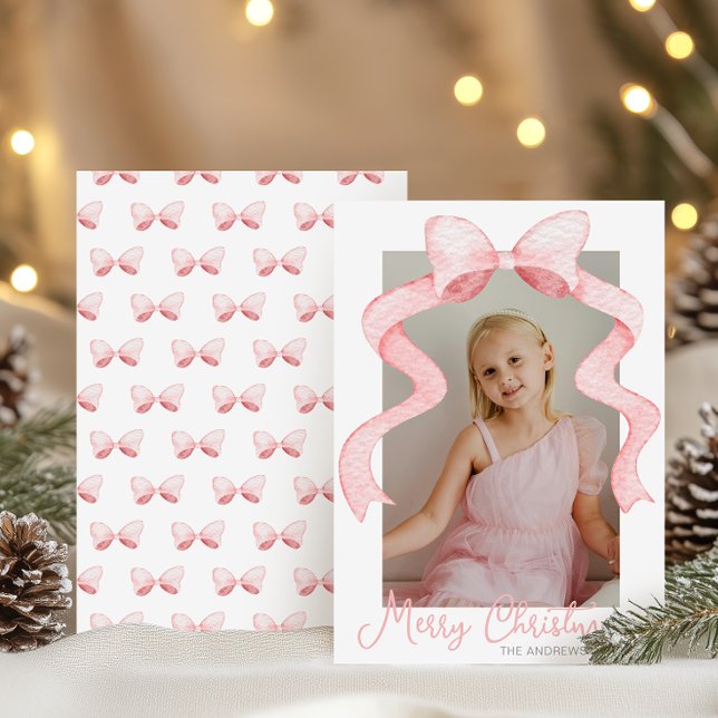 Cartes Pour Fêtes Annuelles Aquarelle Pink Bow Ribbon Sash Noël Photo (Créateur téléchargé)