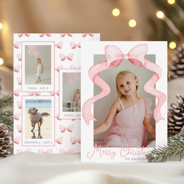 Cartes Pour Fêtes Annuelles Aquarelle Pink Bow Ribbon Sash Noël Photo (Créateur téléchargé)
