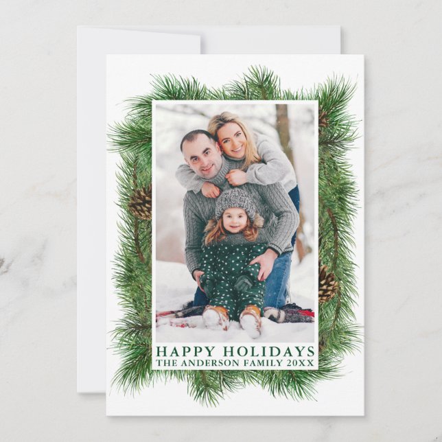 Cartes Pour Fêtes Annuelles Aquarelle Pins Cadre Joyeux Vacances Vert (Devant)