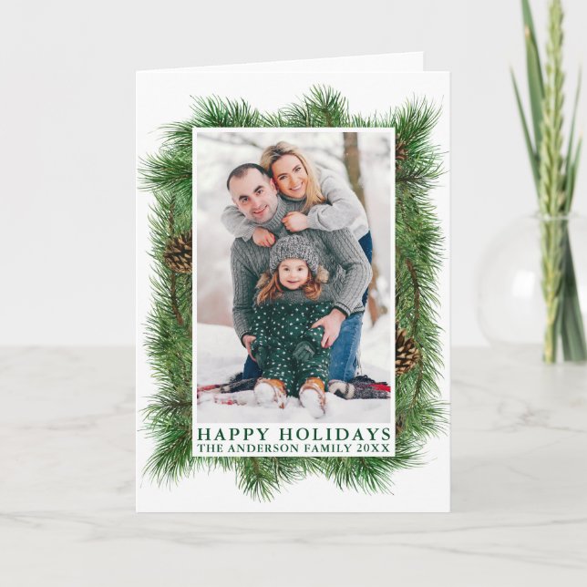 Cartes Pour Fêtes Annuelles Aquarelle Pins Cadre Joyeux Vacances Vert Plié (Devant)