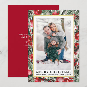 Cartes Pour Fêtes Annuelles Aquarelle Pins Ornements de Noël Photo Rouge