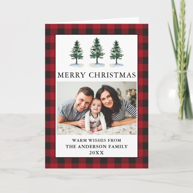 Cartes Pour Fêtes Annuelles Aquarelle Pins Photo Noël Plaid Plié (Devant)
