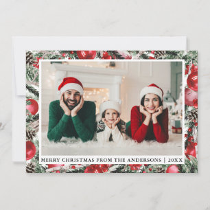 Cartes Pour Fêtes Annuelles Aquarelle Pins Rouge Ornements Photo Noël