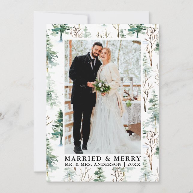 Cartes Pour Fêtes Annuelles Aquarelle Pins Verdure Marié et Joyeux (Devant)