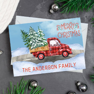 Cartes Pour Fêtes Annuelles Aquarelle Plaid Camion Rouge Neige Joyeux Noël