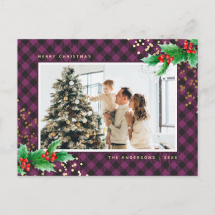 Cartes Pour Fêtes Annuelles Aquarelle Plaid de Buffalo Violet Photo Noël