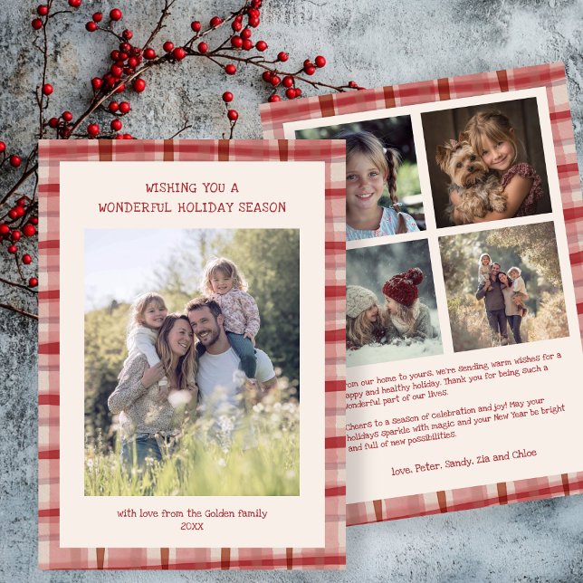 Cartes Pour Fêtes Annuelles Aquarelle Plantée artisanale Noël personnalisé 5 p (Watercolor Plaid Handmade Christmas Custom 5 Photo Holiday Card
)