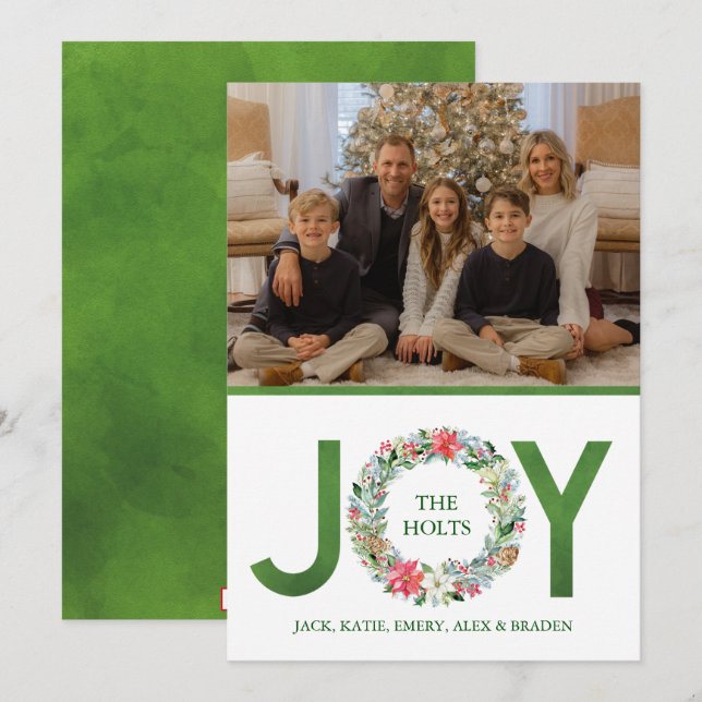 Cartes Pour Fêtes Annuelles Aquarelle Poinsettia couronne de Noël Joie (Devant / Derrière)