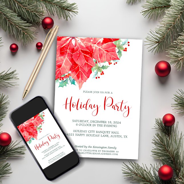 Cartes Pour Fêtes Annuelles Aquarelle Poinsettia fête de Noël (Watercolor Poinsettia Christmas Holiday Party Invitation with Digital Download)