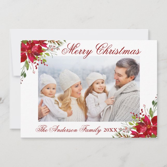 Cartes Pour Fêtes Annuelles Aquarelle Poinsettia Florale Photo de Noël (Devant)