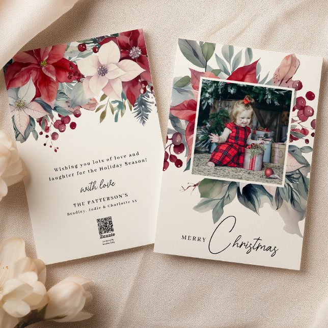 Cartes Pour Fêtes Annuelles Aquarelle Poinsettia Joyeux Noël Photo (Créateur téléchargé)