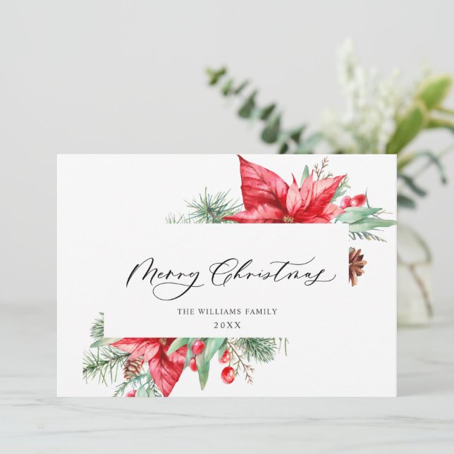 Cartes Pour Fêtes Annuelles Aquarelle Poinsettia Mistletoe voeux de Noël (Debout devant)