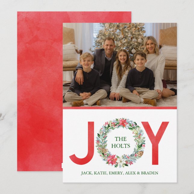 Cartes Pour Fêtes Annuelles Aquarelle Poinsettia Noël Wreath Joie Fête (Devant / Derrière)