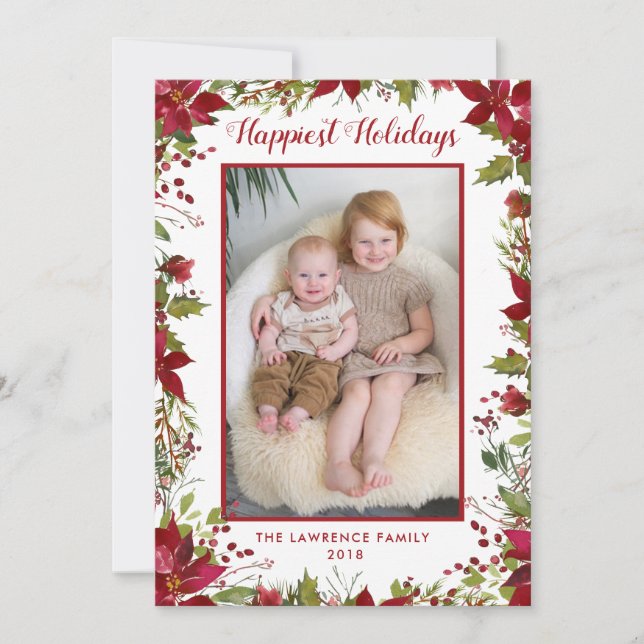 Cartes Pour Fêtes Annuelles Aquarelle Poinsettia photo de Noël la plus heureus (Devant)