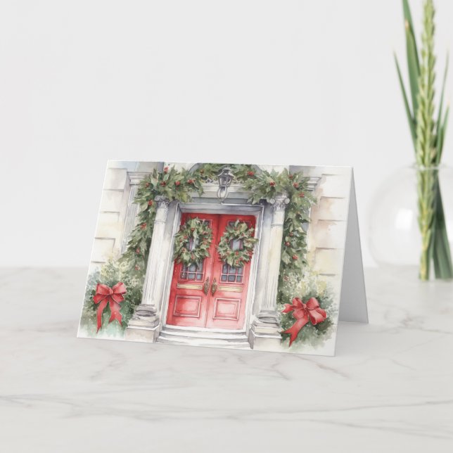 Cartes Pour Fêtes Annuelles Aquarelle Porte rouge de Noël (Devant)