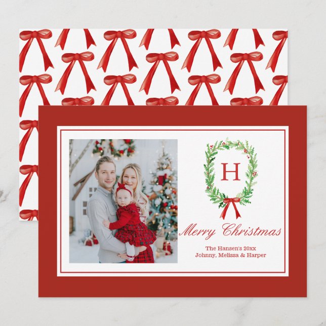 Cartes Pour Fêtes Annuelles Aquarelle Preppy Monogramme Wreath (Devant / Derrière)