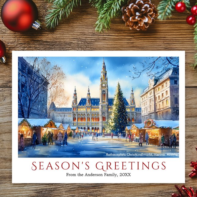 Cartes Pour Fêtes Annuelles Aquarelle Rathausplatz Vienne Autriche Noël (Watercolor Rathausplatz Vienna Austria Christmas Holiday Postcard)
