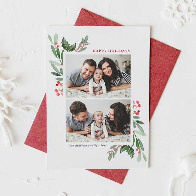 Cartes Pour Fêtes Annuelles Aquarelle Red Winterberry et Holly Two Photo (Watercolor Winterberry and Holly Two Photo Collage Happy Holidays Card)