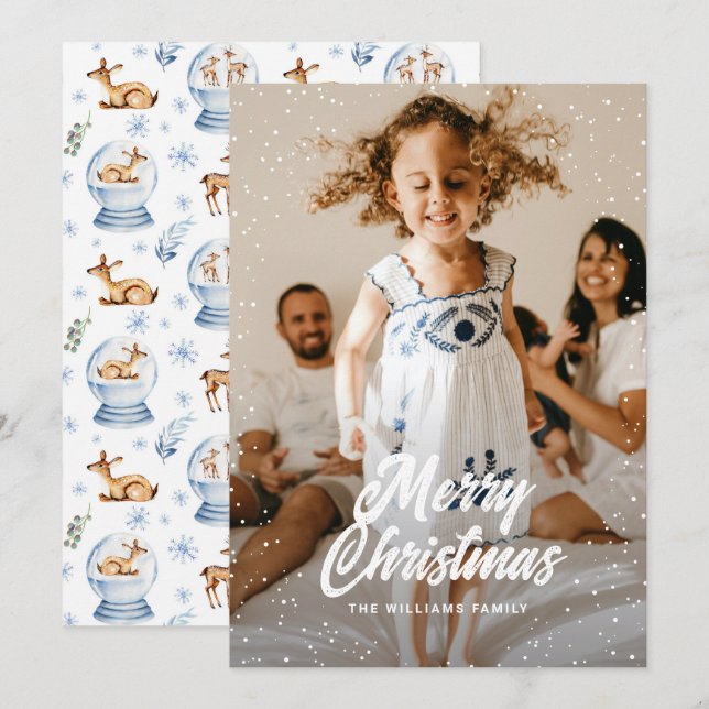 Cartes Pour Fêtes Annuelles Aquarelle Reindeder Globe de neige Photo Noël (Devant / Derrière)