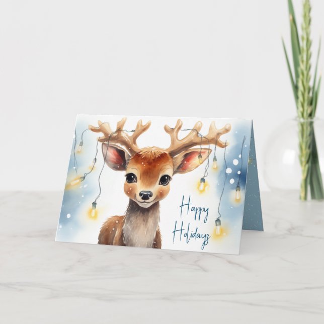 Cartes Pour Fêtes Annuelles Aquarelle Rinder De Noël En Lumières Tangées (Devant)