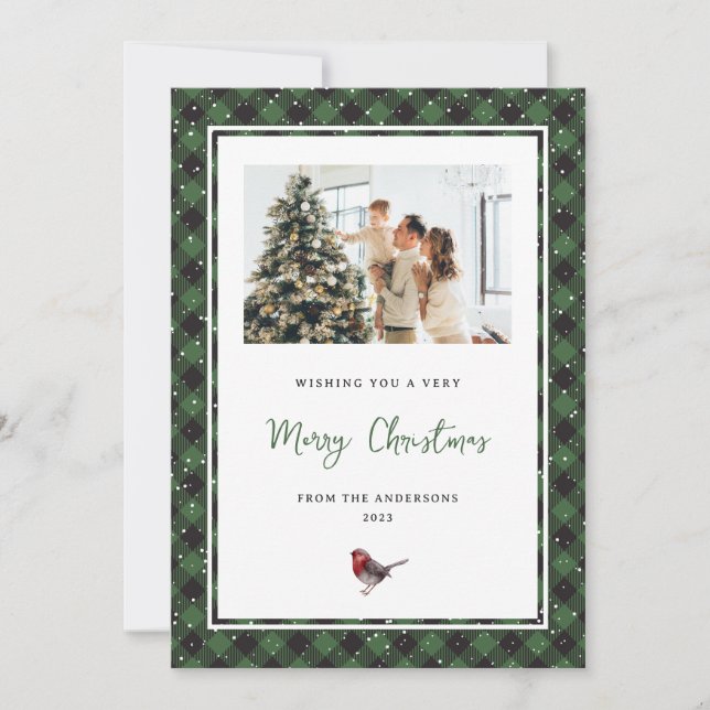 Cartes Pour Fêtes Annuelles Aquarelle Robin Vert Plaid Photo Neige Noël (Devant)