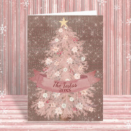 Cartes Pour Fêtes Annuelles Aquarelle rose et Rose or Arbre de Noël