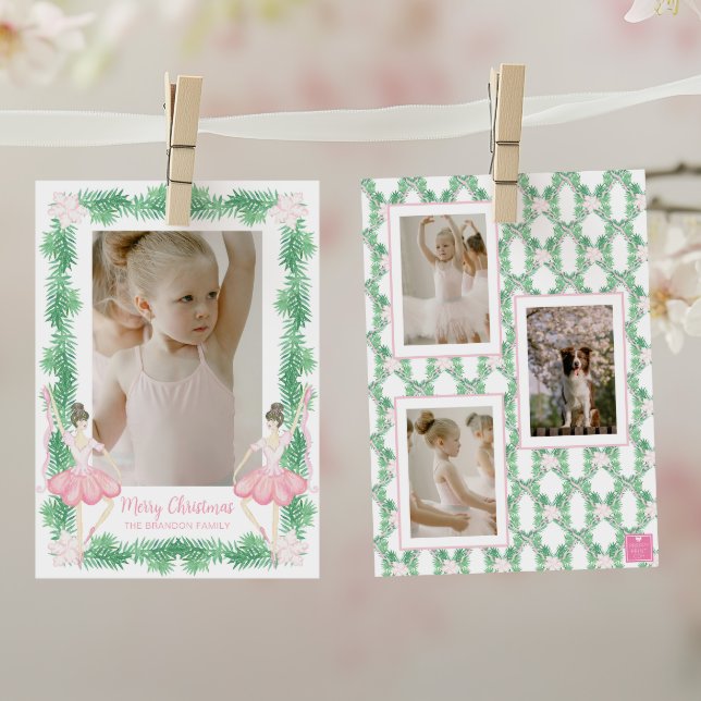 Cartes Pour Fêtes Annuelles Aquarelle rose et vert Noël Ballerinas Photo (Créateur téléchargé)