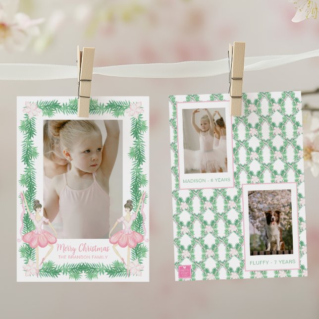 Cartes Pour Fêtes Annuelles Aquarelle rose et vert Noël Ballerinas Photo (Créateur téléchargé)