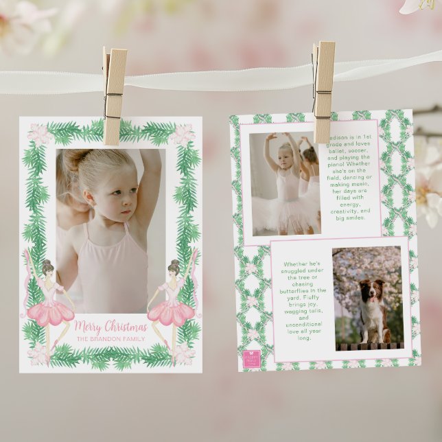 Cartes Pour Fêtes Annuelles Aquarelle rose et vert Noël Ballerinas Photo (Créateur téléchargé)