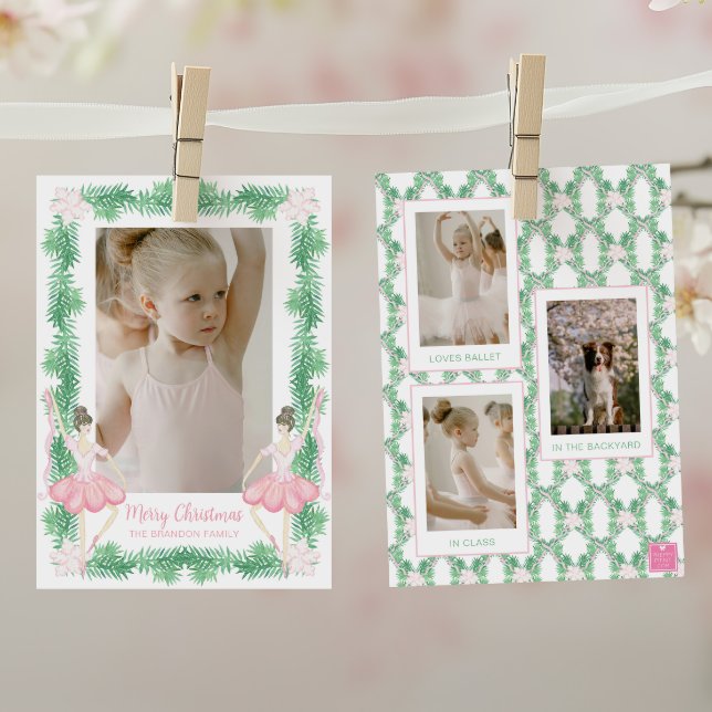 Cartes Pour Fêtes Annuelles Aquarelle rose et vert Noël Ballerinas Photo (Créateur téléchargé)