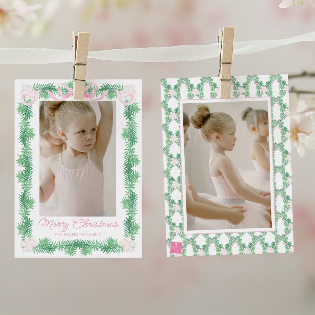 Cartes Pour Fêtes Annuelles Aquarelle rose et vert Noël Garland Photo (Créateur téléchargé)