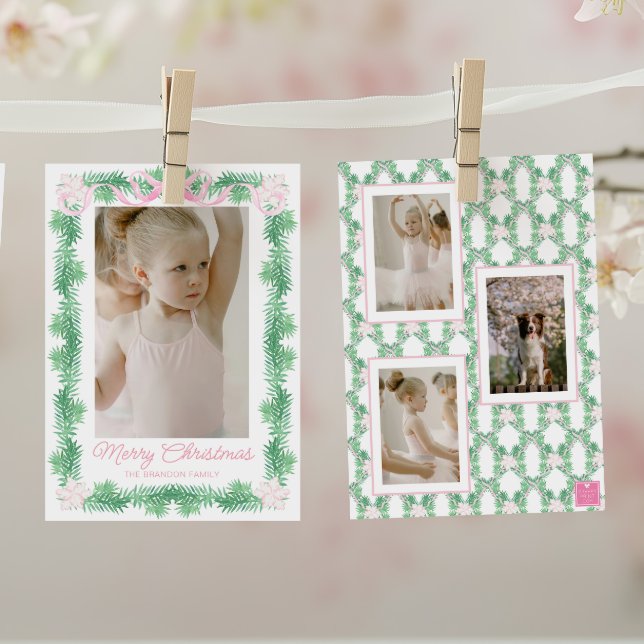 Cartes Pour Fêtes Annuelles Aquarelle rose et vert Noël Garland Photo (Créateur téléchargé)