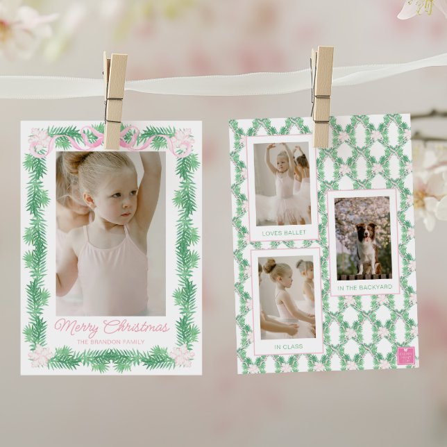 Cartes Pour Fêtes Annuelles Aquarelle rose et vert Noël Garland Photo (Créateur téléchargé)