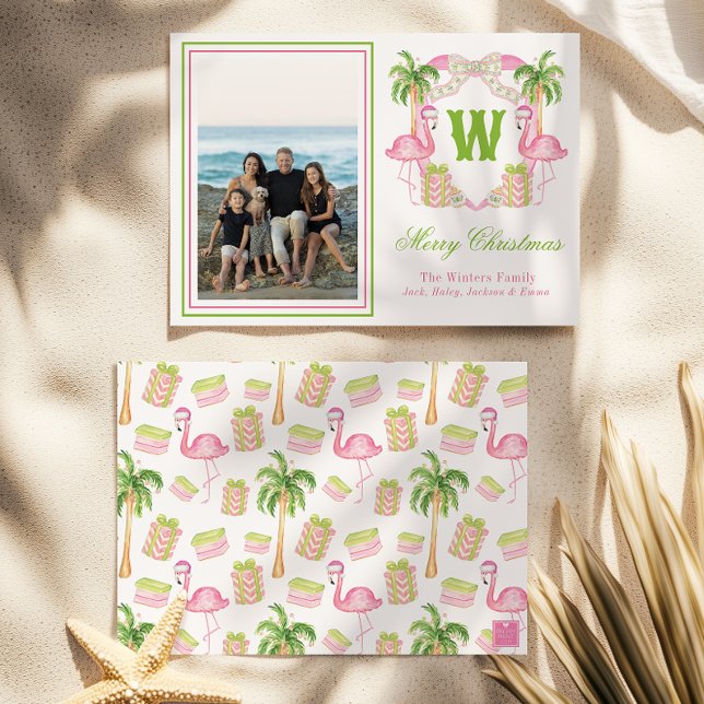 Cartes Pour Fêtes Annuelles Aquarelle rose Flamant rose Monogramme Crest Photo (Créateur téléchargé)