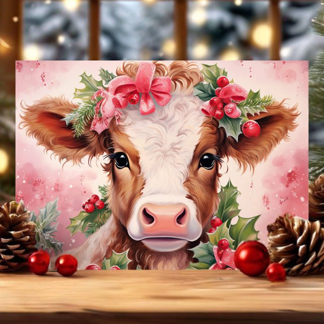 Cartes Pour Fêtes Annuelles Aquarelle rose Holly Baby Cow Noël (Créateur téléchargé)