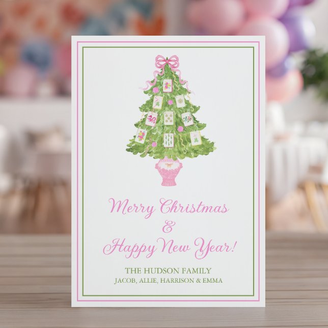 Cartes Pour Fêtes Annuelles Aquarelle rose Mahjong Arbre de Noël (Créateur téléchargé)