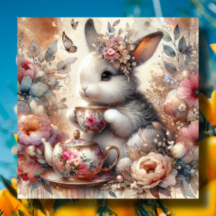 Cartes Pour Fêtes Annuelles Aquarelle rose or rose mignonne Thé de Pâques lapi